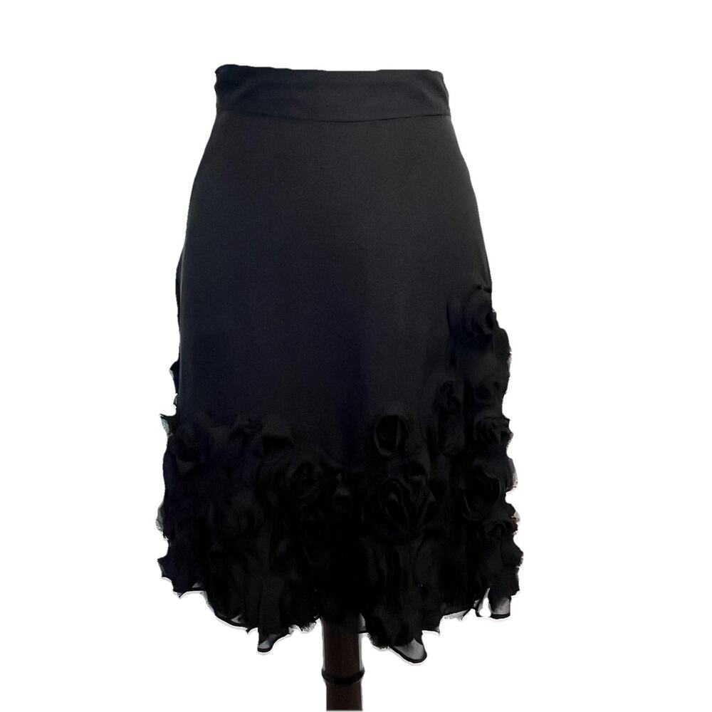 Talbots Skirt sz 8 Petite Black Silk Roses Rosettes Formal Cocktail Wedding Knee